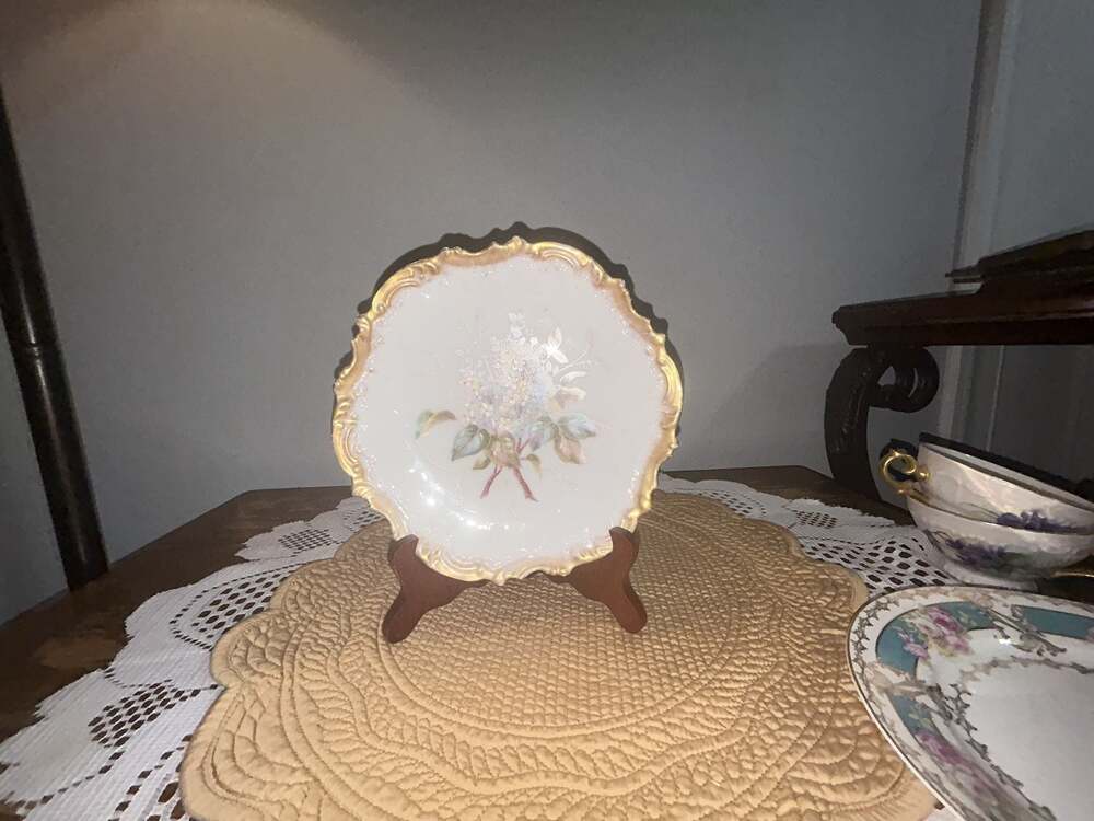 Antique French Porcelain Decorative Plate Hand Painted Lilac Floral Gilded Edge